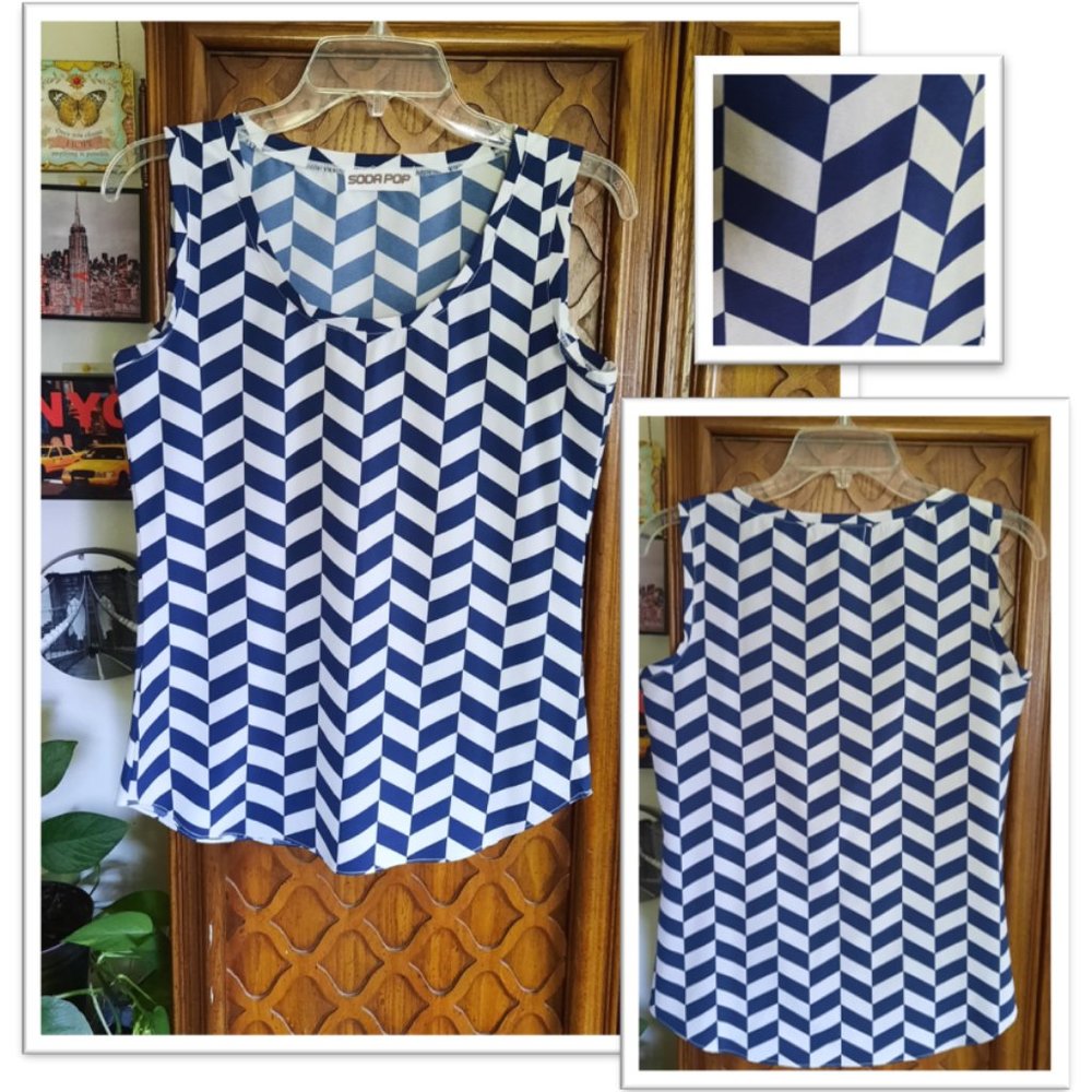3/$15 Soda Pop Herringbone Printed Tank Blouse - Navy, Size XS